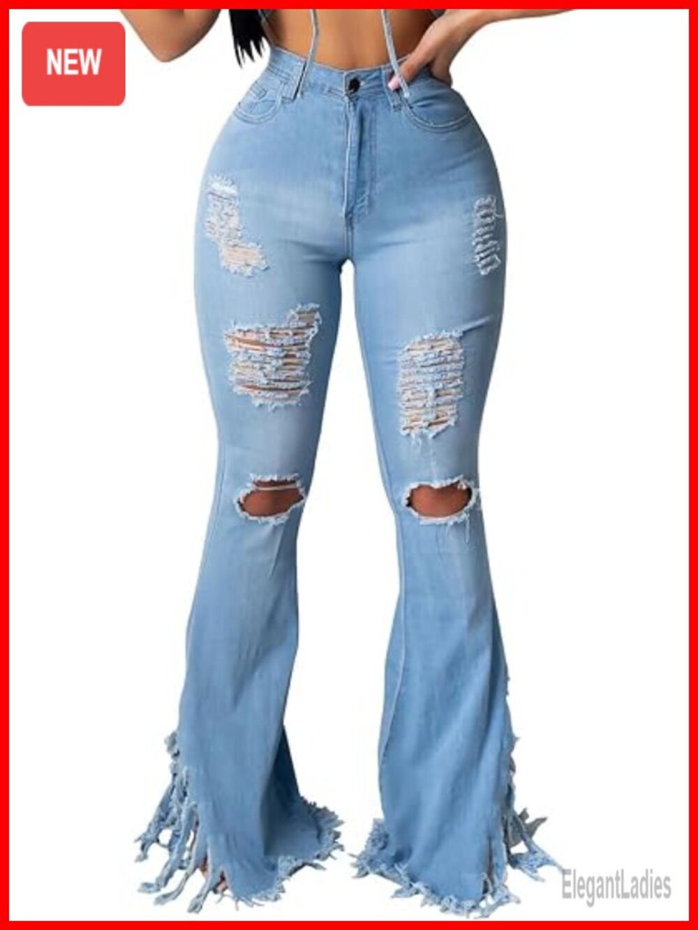 High Waisted Flared Bell Bottom Jeans with Ripped Knee and Frayed Hem